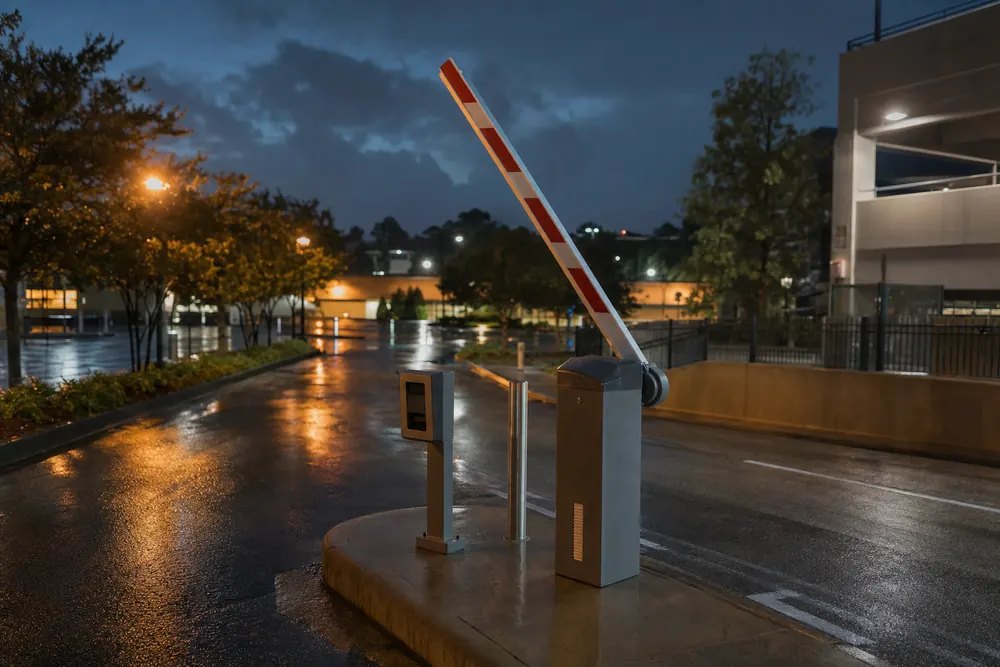 Barrier arm gate at a parking entrance at dusk