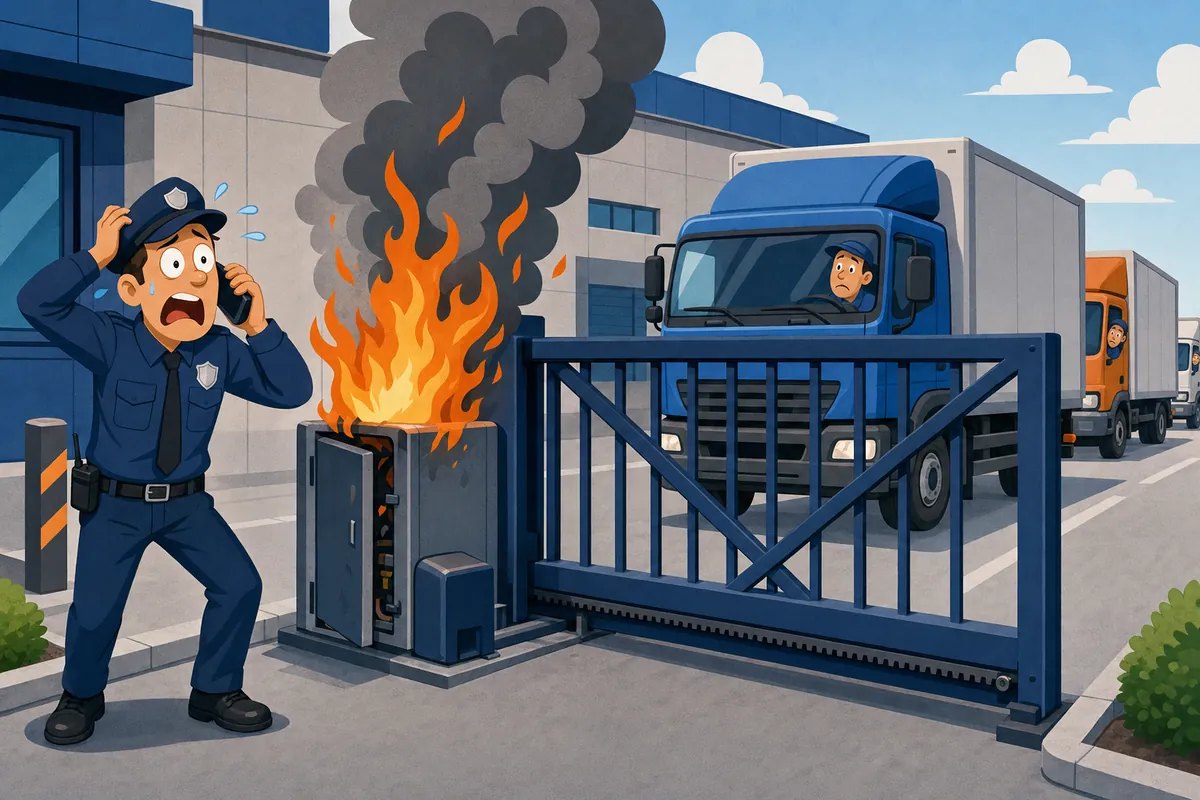 Illustration of a stressed security guard on the phone next to a gate operator that is on fire, with trucks waiting behind the stuck gate