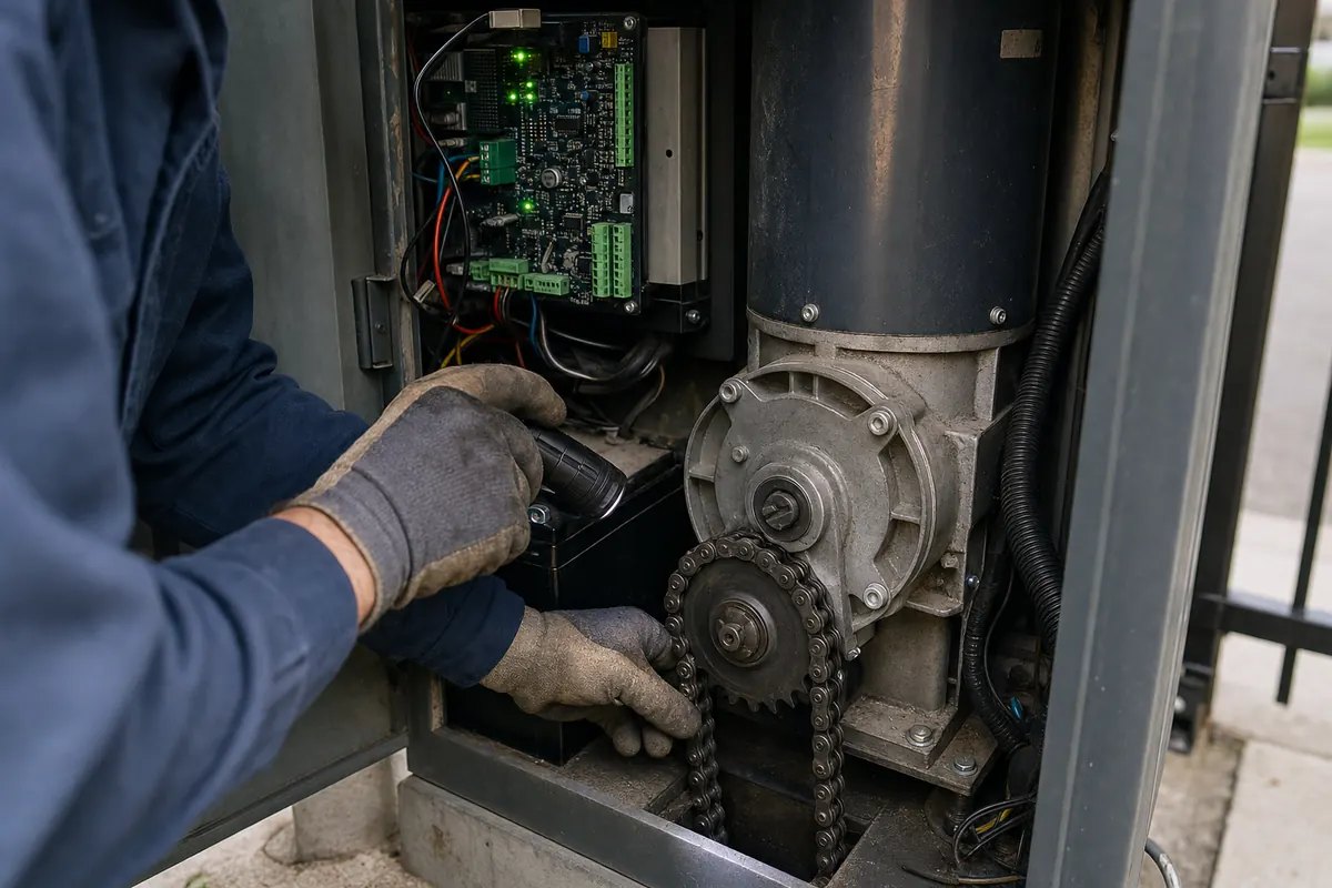 Technician inspecting the drive chain and control board inside an open gate operator cabinet
